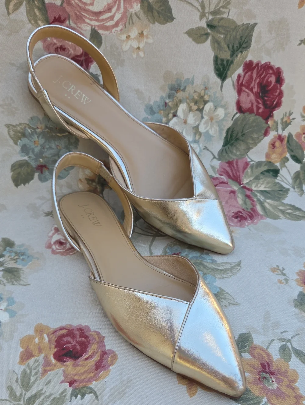 J.Crew Metallic Gold Pointed-Toe Slingback Flats Women's 9